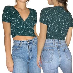 Brandy Melville Dark Green Ditsy Floral Wrap Top Fall Sexy Blouse Cropped Shirt